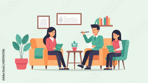 Three people in casual clothing sitting in armchairs and conversing