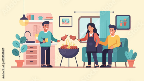 Three people enjoying a backyard barbecue indoors with food and plants