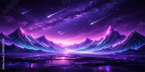 Cosmic Canvas: Celestial display with the meteor shower over a surreal mountain range. This breathtaking image features the brilliant meteors stream across the canvas of a twilight sky. 