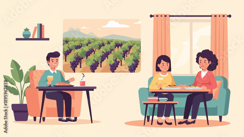 Three people enjoying a meal, with a vineyard scene displayed on the wall