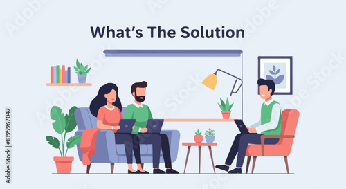 Three people in modern home office setting discussing ideas on laptops