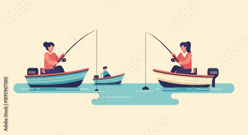 Three people fish from boats on a calm, light yellow water background
