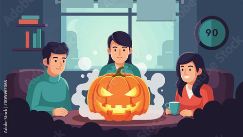 Three people gather around a glowing jack-o'-lantern on a table