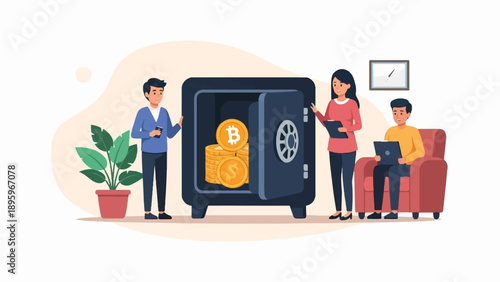 Three people interact around an open safe filled with Bitcoin and dollar coins