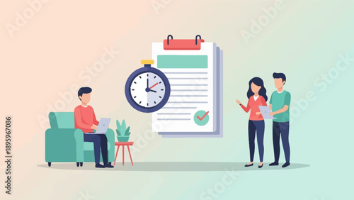 Teamwork and planning illustration with clock, checklist, and people