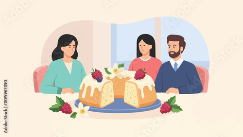 Three people gathered around a decorated bundt cake on a table