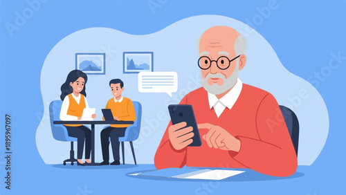 Three people interacting digitally in a modern office space