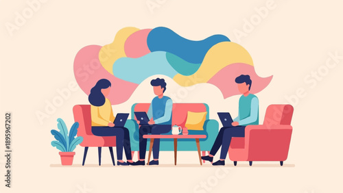 Three people on couches with laptops, abstract shapes above