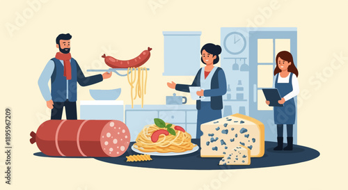 Three people in a kitchen with pasta, cheese, and sausage