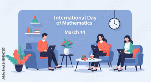 Three people on sofas using laptops, celebrating math day