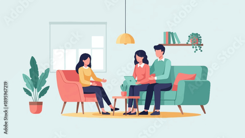 Three people in a living room discuss something on a laptop