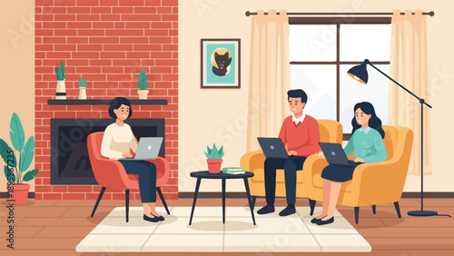 Three people on laptops in a cozy living room with a fireplace