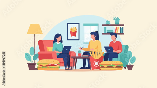 Three people on sofas with laptops, burgers, and fries