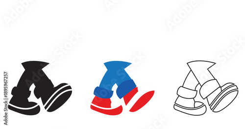 Cartoon Legs and Shoes Pose icon Set. Collection of black , colour and white cartoon legs with shoes in different walking and standing poses, playful animation elements for comics and design.

