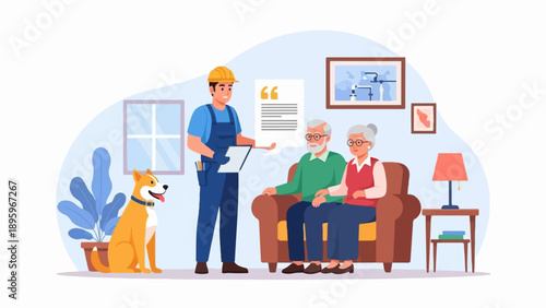 Technician explains plan to elderly couple in home with dog and plant