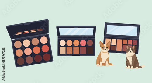 Three makeup palettes and two small dogs on a light blue background