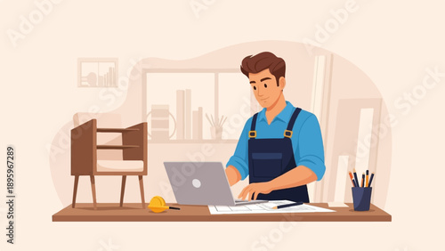 Technician in overalls works on a laptop at a desk in a workshop