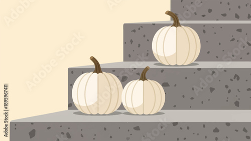 Three pale pumpkins sit on textured stone steps against a pale background