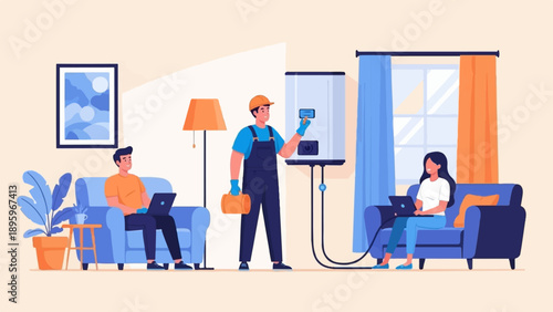 Technician servicing water heater while people work on laptops in living room