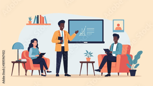 Three people in a meeting with a presenter explaining data on a screen