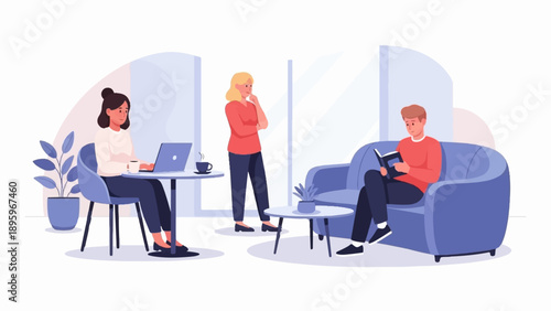 Three people in a modern indoor space, one using a laptop, one thinking, one reading