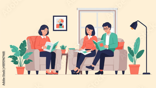 Three people relax indoors reading books on cozy sofas in a modern, minimalist setting