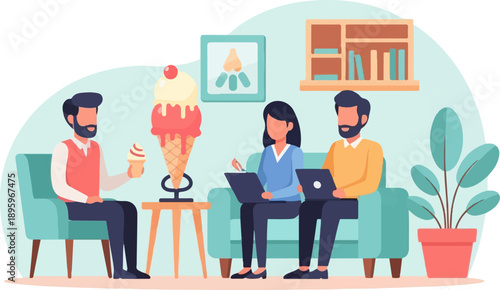 Three people in a modern living room enjoy ice cream and work on laptops