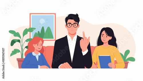 Three people sit on a couch, one offering an impolite gesture