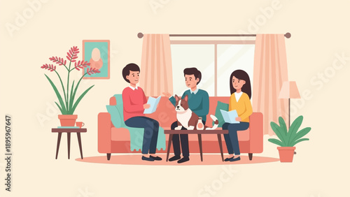 Three people and a dog relaxing and reading in a cozy living room