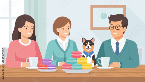 Three people and a dog enjoying macaroons and coffee at a wooden table