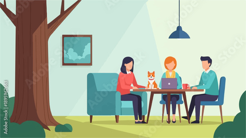 Three people and a dog gather around a table inside, with a tree outside