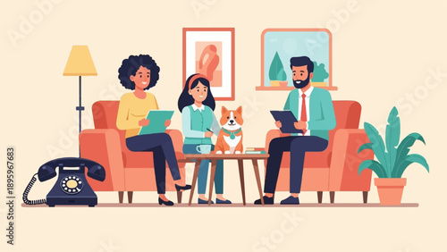 Three people and a dog sit on sofas in a room with a lamp and plants