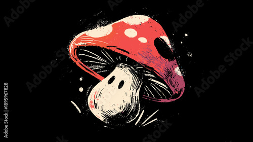 Artistic, illustration of a stylized mushroom with a red cap, white spots, and black background