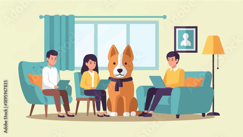 Three people and a dog in a living room with laptops