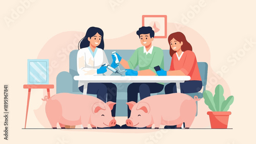 Three people and two pigs in a room with a plant and a painting