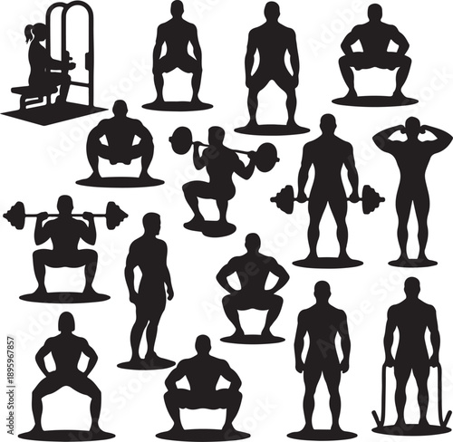 collection of black silhouette men exercising with dumbbells and machines