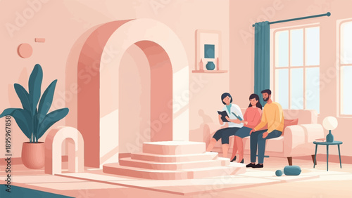 Three people sitting on a couch in a modern room with arched decor