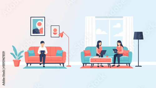 Three people sitting on sofas in a room, two with laptops