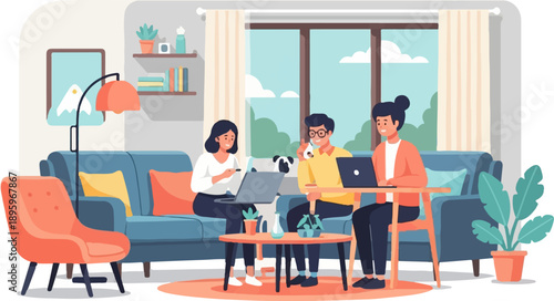 Three people and a dog interact in a cozy living room with laptops