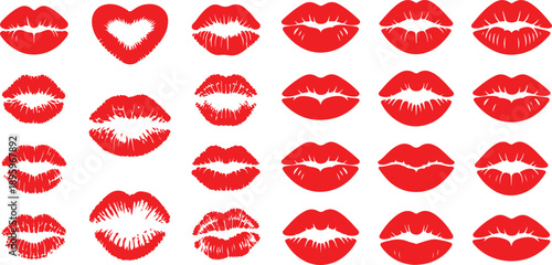 Female lips lipstick kiss print set for valentine day. Silhouette vector icon illustration with white background