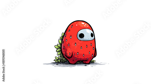 A whimsical red fruit character with a white visor and leafy accents. It stands on a shaded base