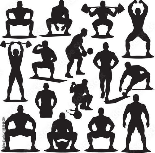 collection of black silhouettes of men exercising with dumbbells and barbells