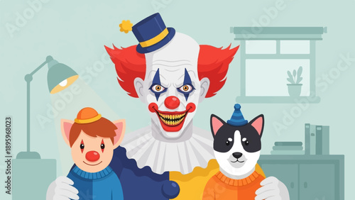 Three characters, a creepy clown, a person in a costume, and a dog