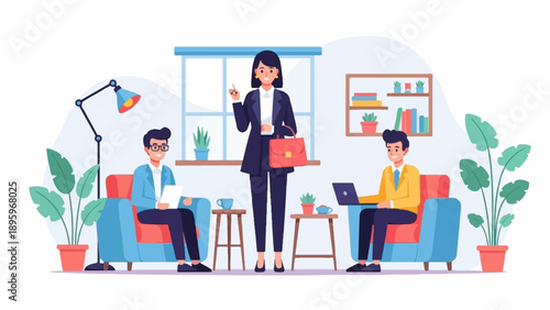 Three colleagues in business attire working and relaxing in a modern office