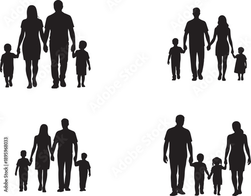 Parents walking with their children. Silhouette vector icon illustration with white background
