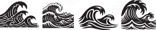 Linocut waves water. Silhouette vector icon illustration with white background