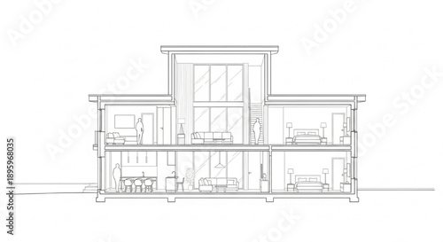 Architectural cross-section of a modern multi-story house showcasing interior design