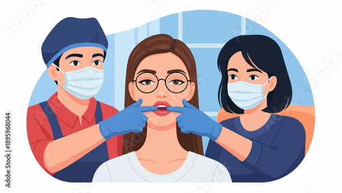 Three people, two masked, examining a woman's mouth and teeth