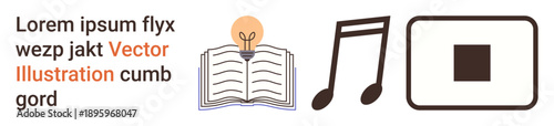 Learning tools, creative ideas, media, knowledge sharing, entertainment, and communication. Open book with lightbulb, music notes and stop button icons. Learning tools and creative ideas concepts