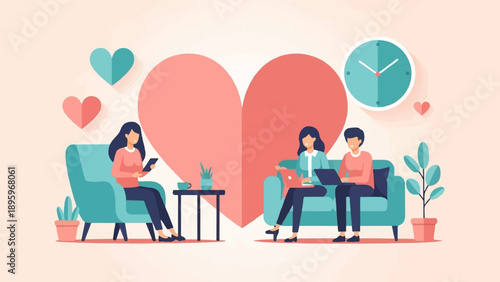 Three people, two women and one man, are engaged in activities